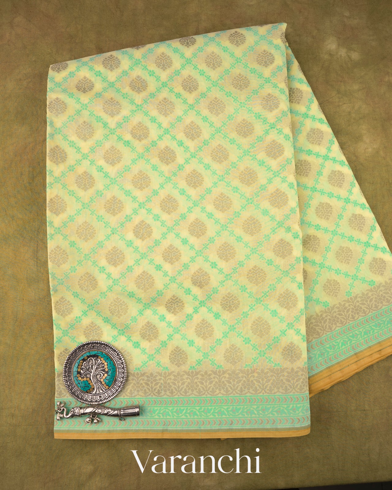 Butter Yellow Checkered Jamdani Pure Kora Silk Cotton Saree