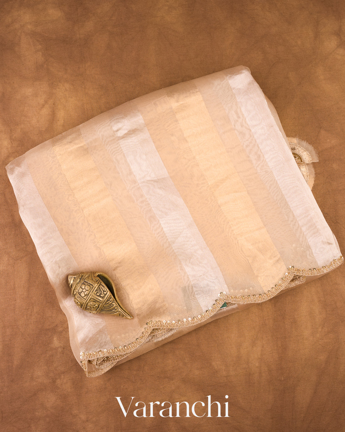 Cream Beige Tissue Striped and Embroidered Border Pure Kora Silk Saree