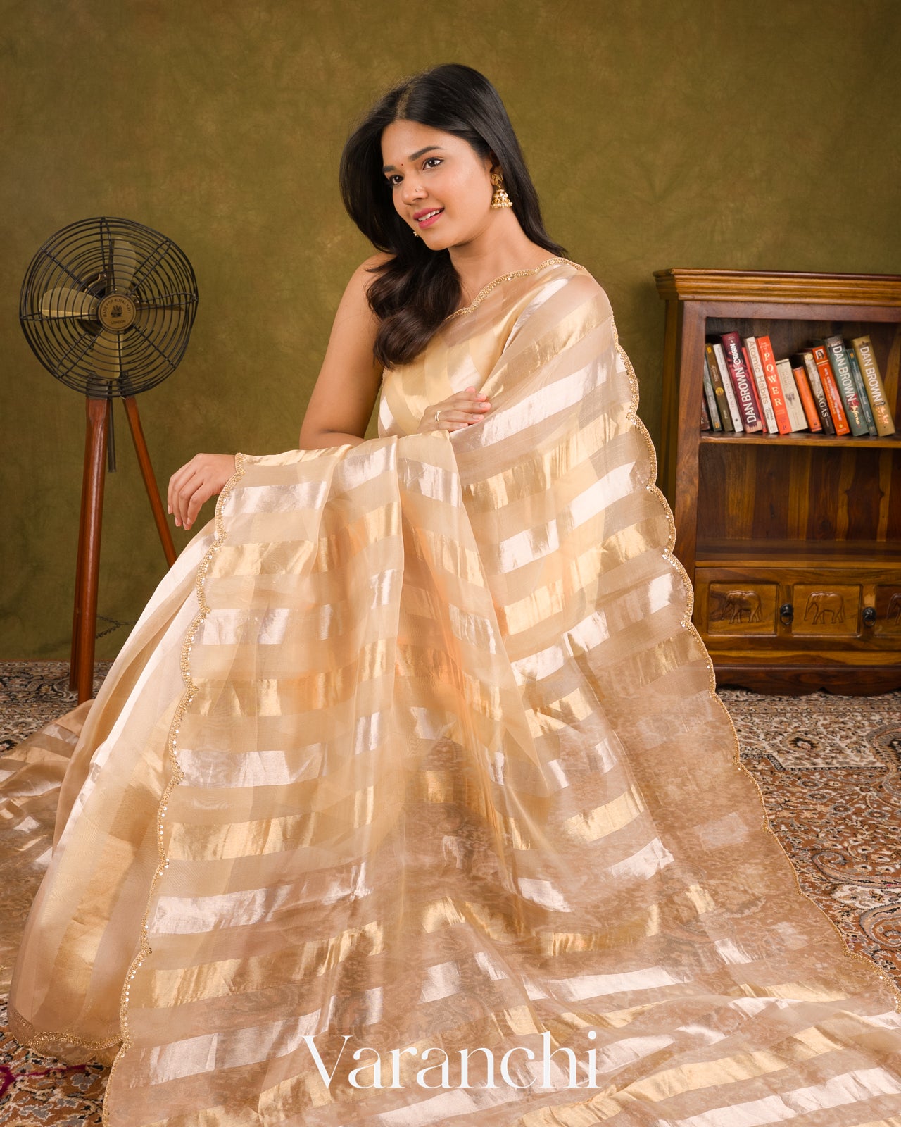 Cream Beige Tissue Striped and Embroidered Border Pure Kora Silk Saree