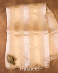 Cream Beige Tissue Striped and Embroidered Border Pure Kora Silk Saree