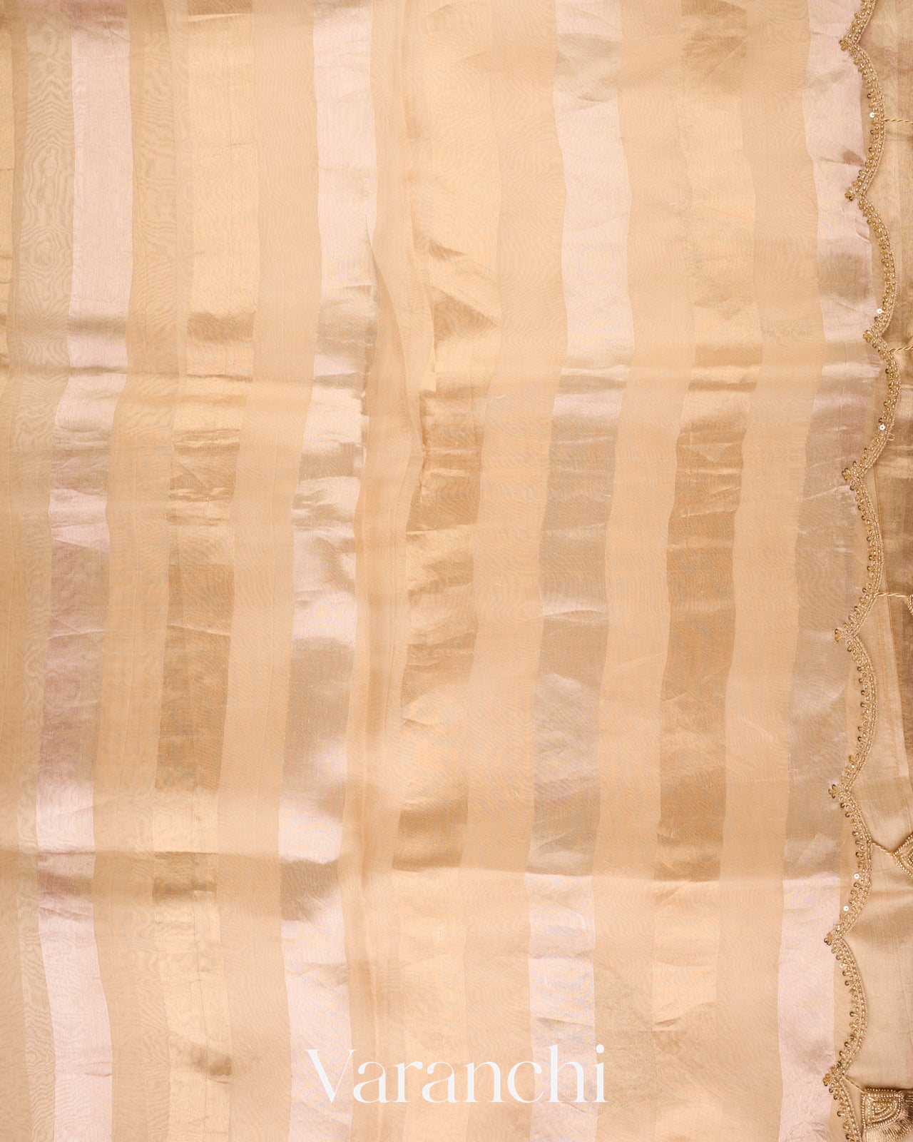 Cream Beige Tissue Striped and Embroidered Border Pure Kora Silk Saree