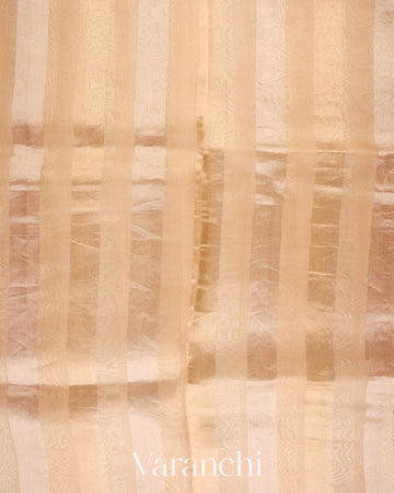 Cream Beige Tissue Striped and Embroidered Border Pure Kora Silk Saree