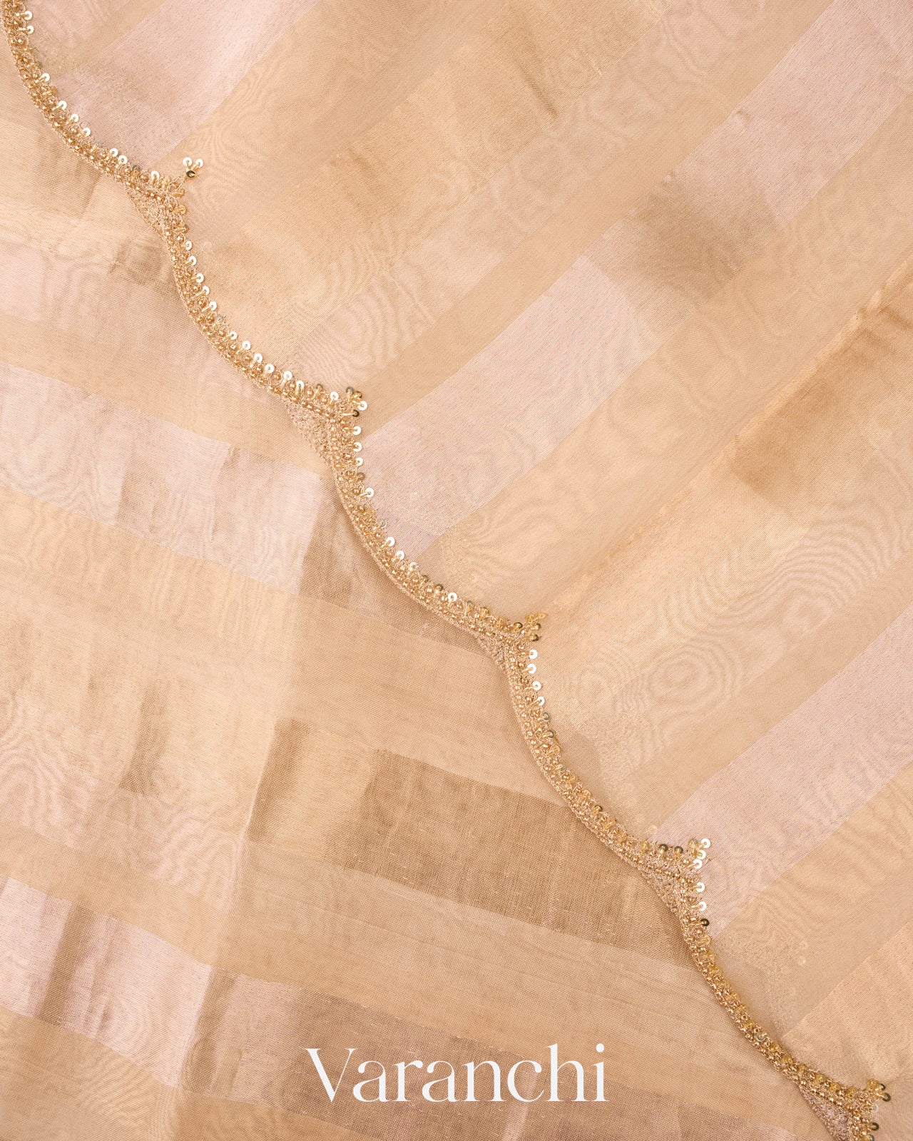 Cream Beige Tissue Striped and Embroidered Border Pure Kora Silk Saree