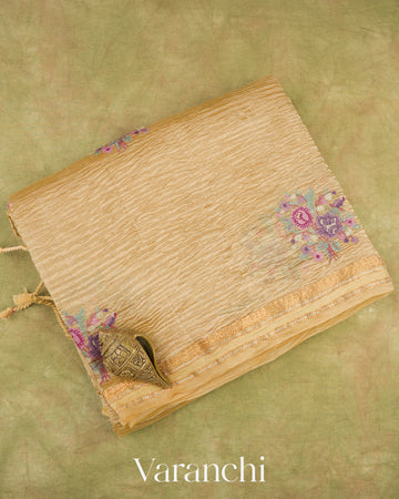 Golden Yellow Pure Crush Tissue Embroidered Kora Silk Saree