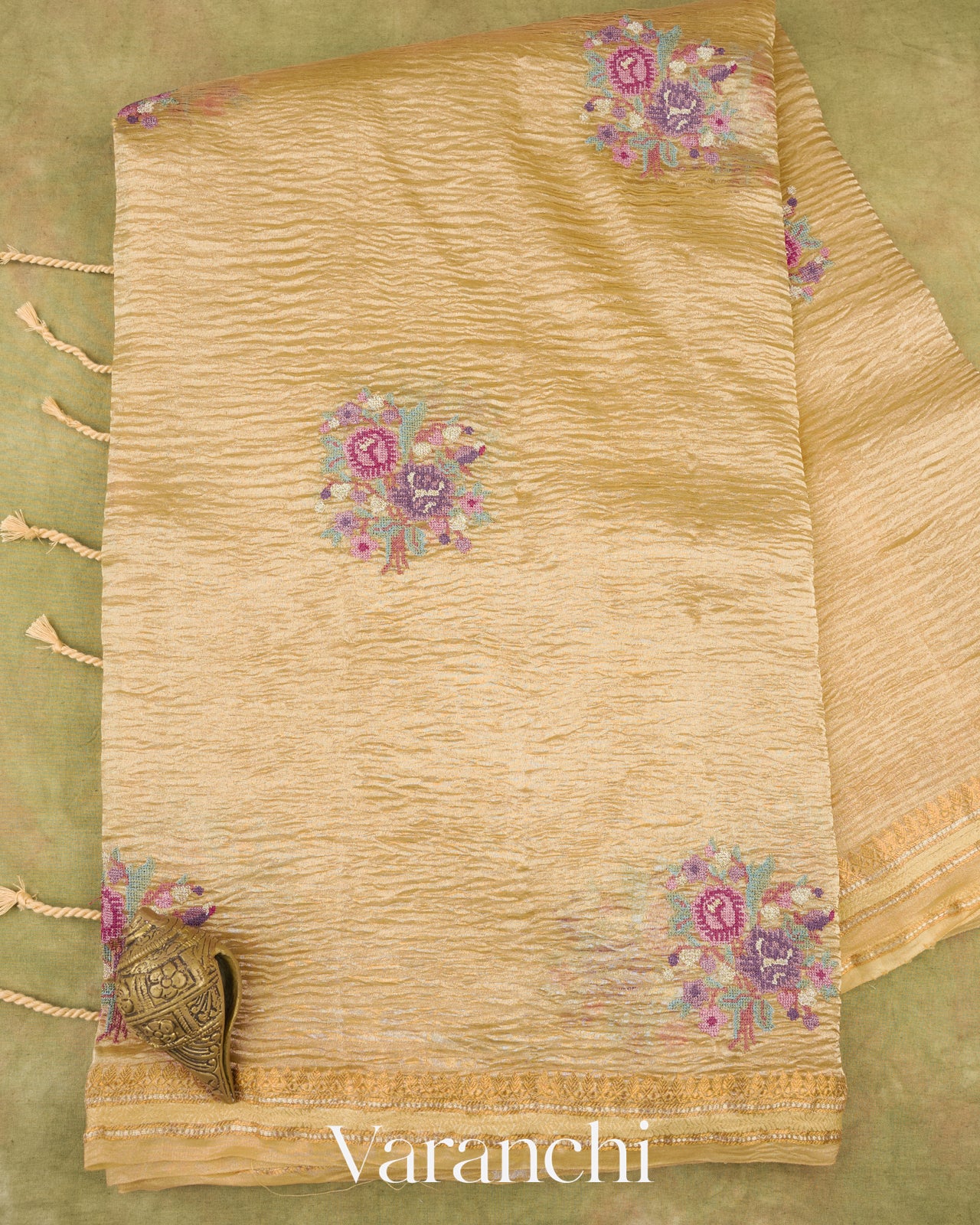 Golden Yellow Pure Crush Tissue Embroidered Kora Silk Saree
