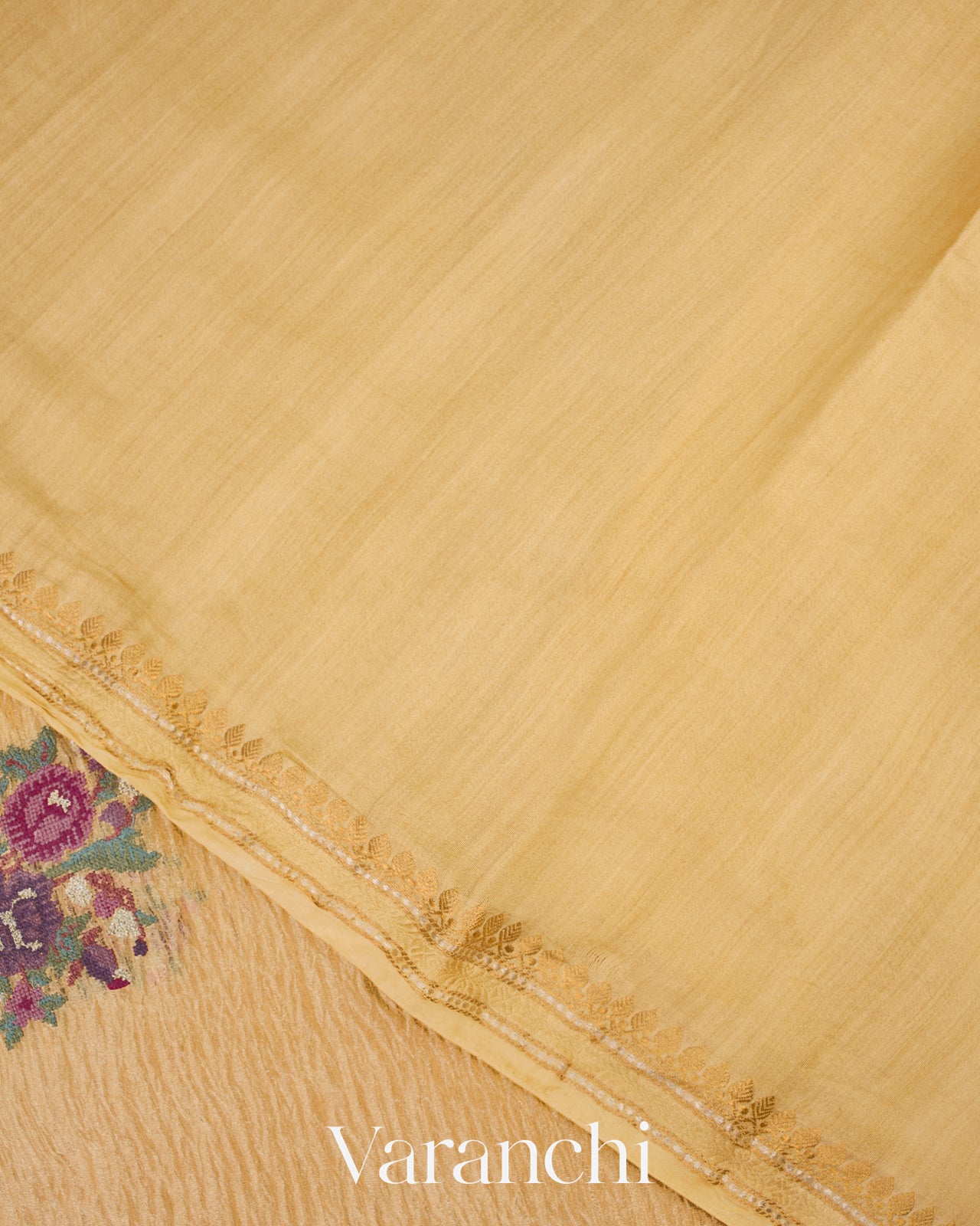 Golden Yellow Pure Crush Tissue Embroidered Kora Silk Saree