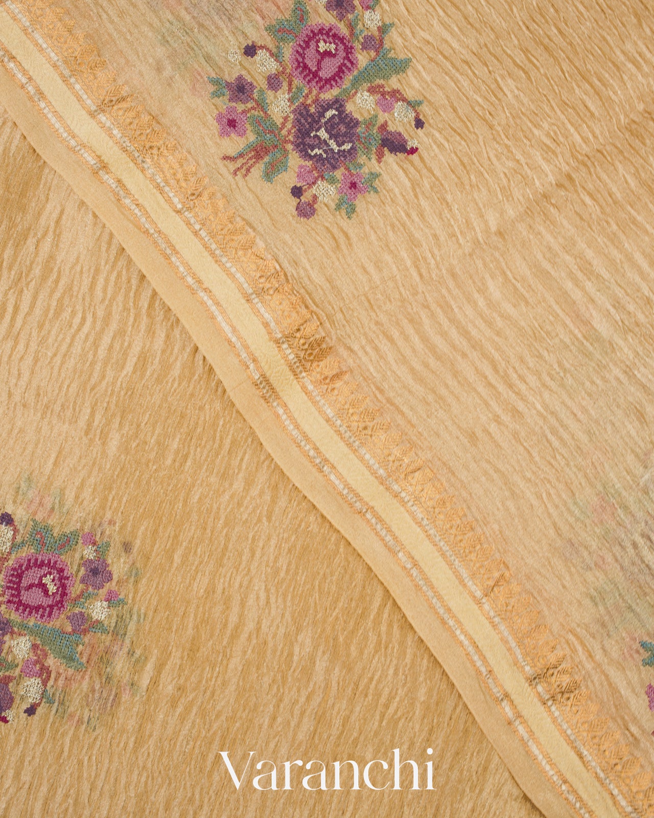 Golden Yellow Pure Crush Tissue Embroidered Kora Silk Saree