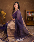 Navy Blue Pure Crush Kora Silk Saree