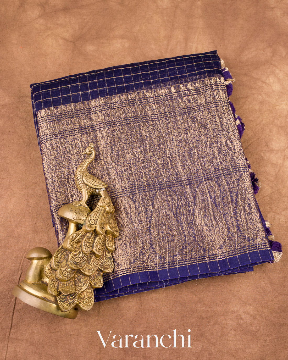 Navy Blue Pure Crush Kora Silk Saree
