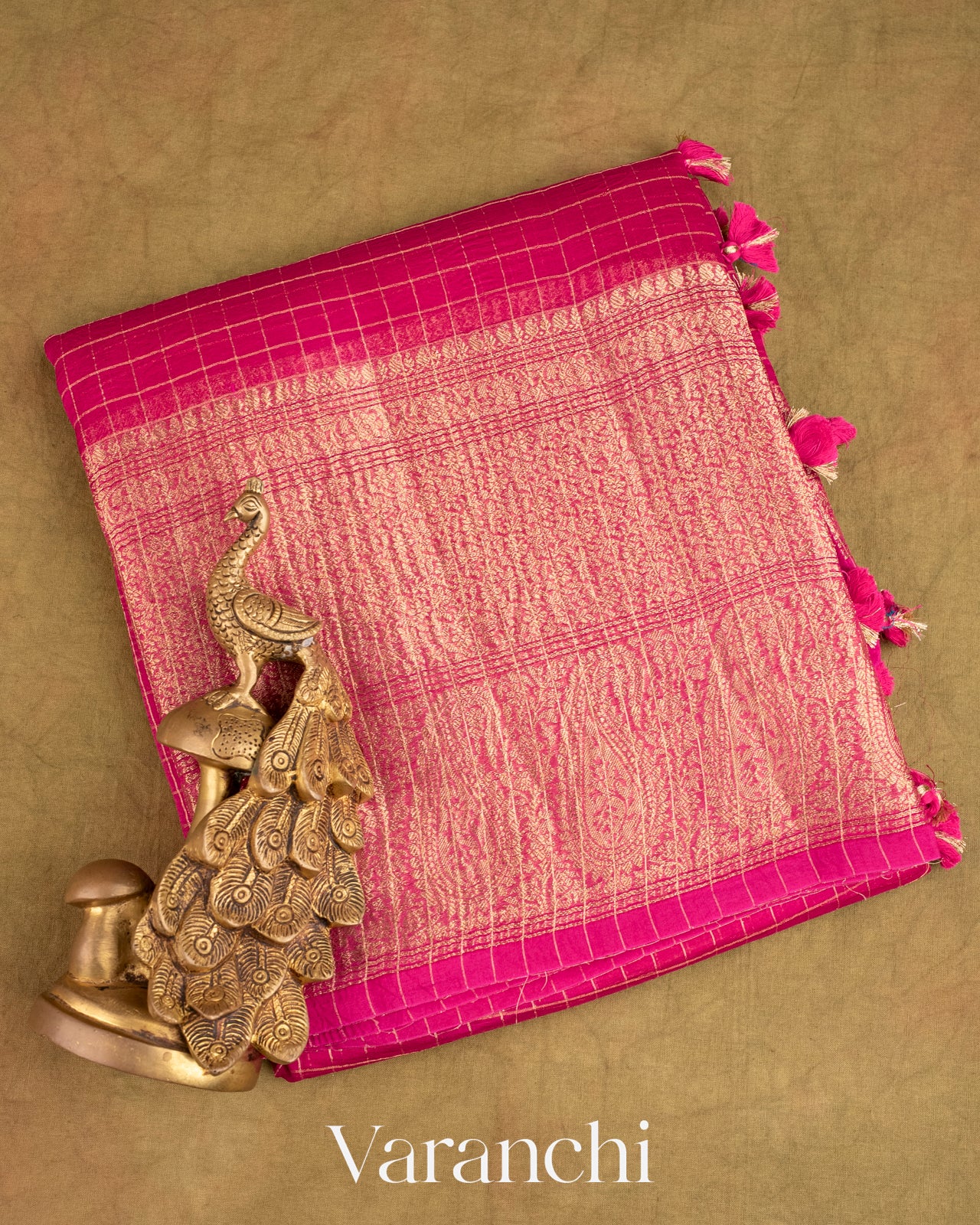 Maharani Pink Pure Crush Kora Silk Saree