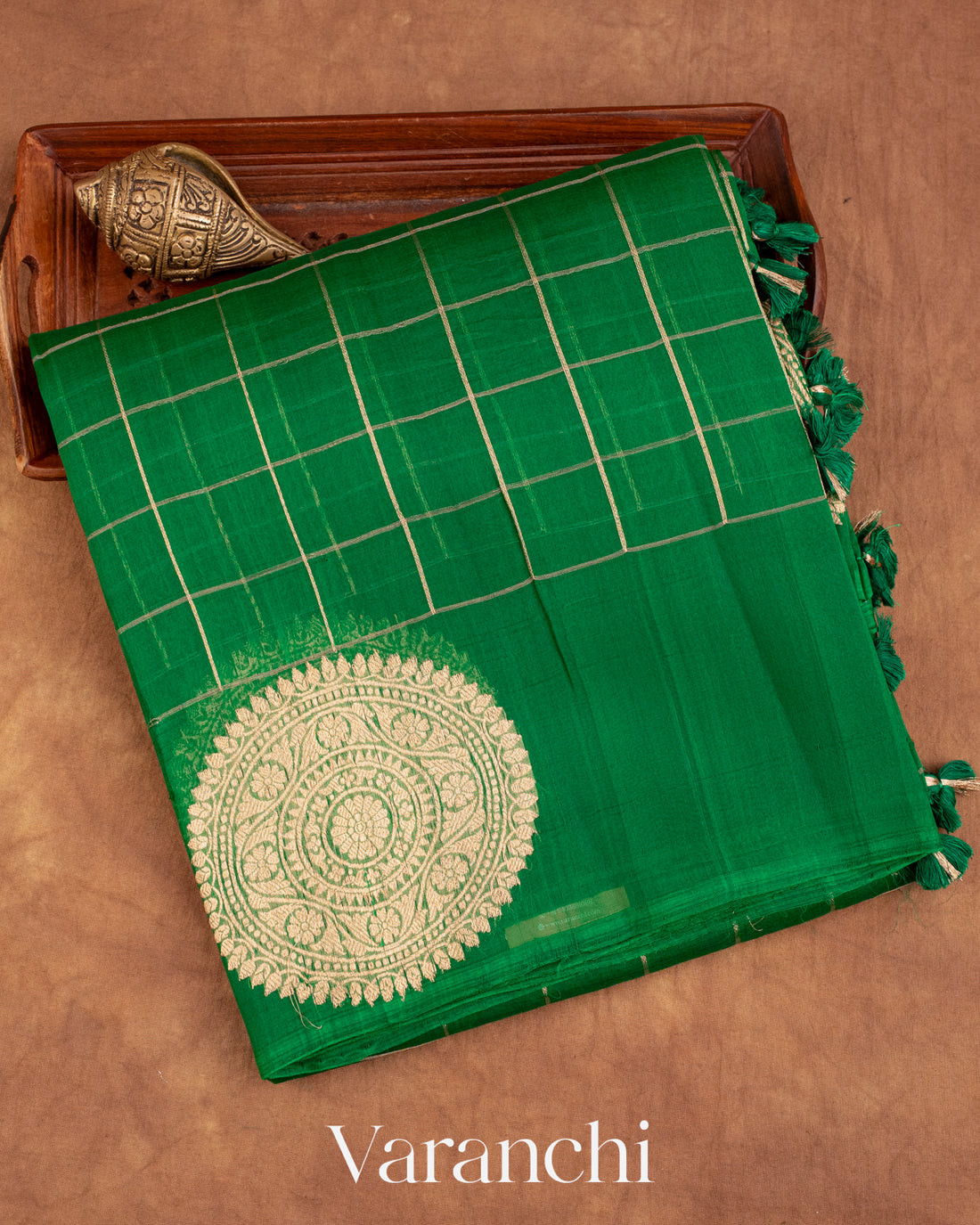 Dark Green Checks Pure Kora Silk Handloom Saree