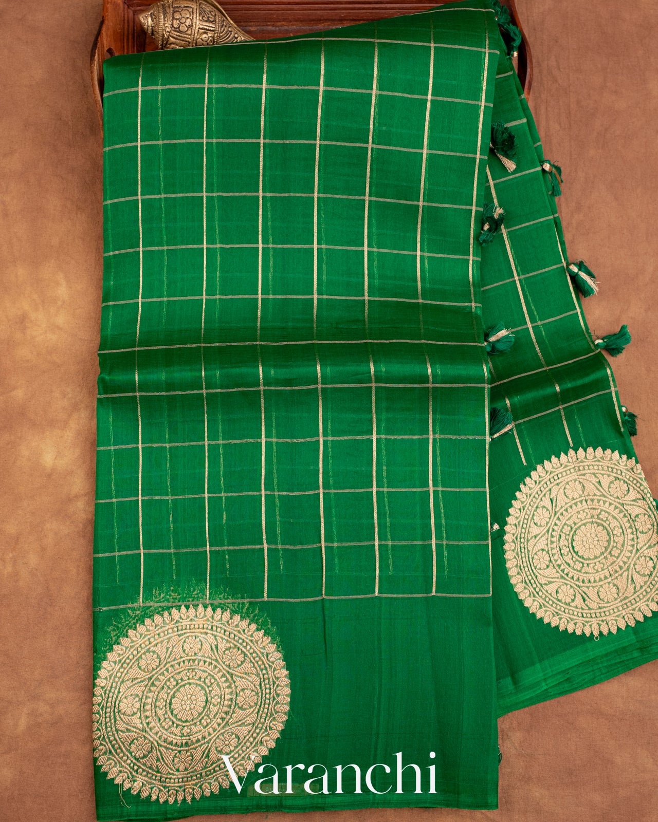 Dark Green Checks Pure Kora Silk Handloom Saree