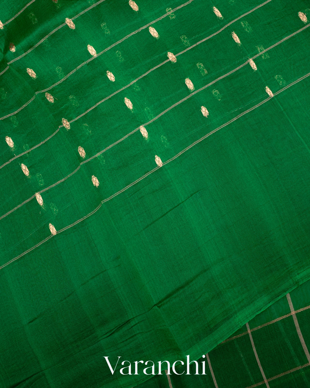 Dark Green Checks Pure Kora Silk Handloom Saree