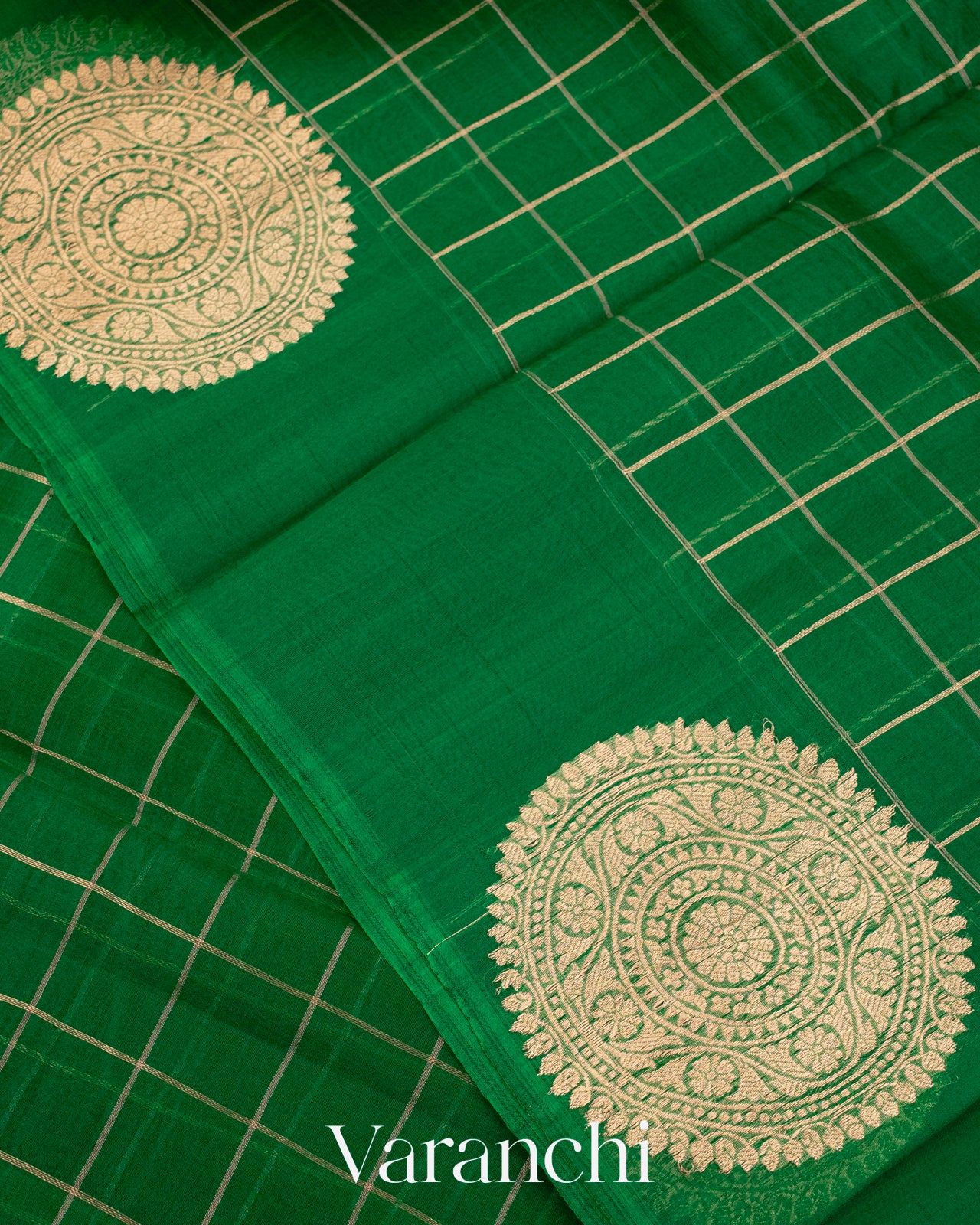 Dark Green Checks Pure Kora Silk Handloom Saree