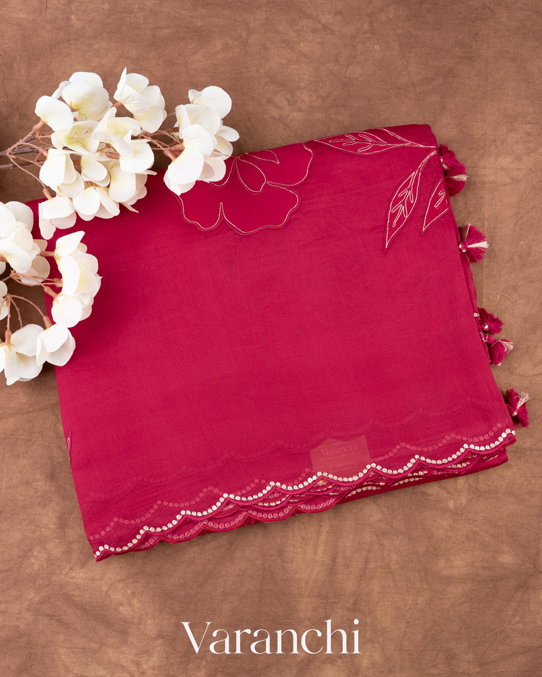 Reddish Pink Floral Applique Pure Kora Silk Saree
