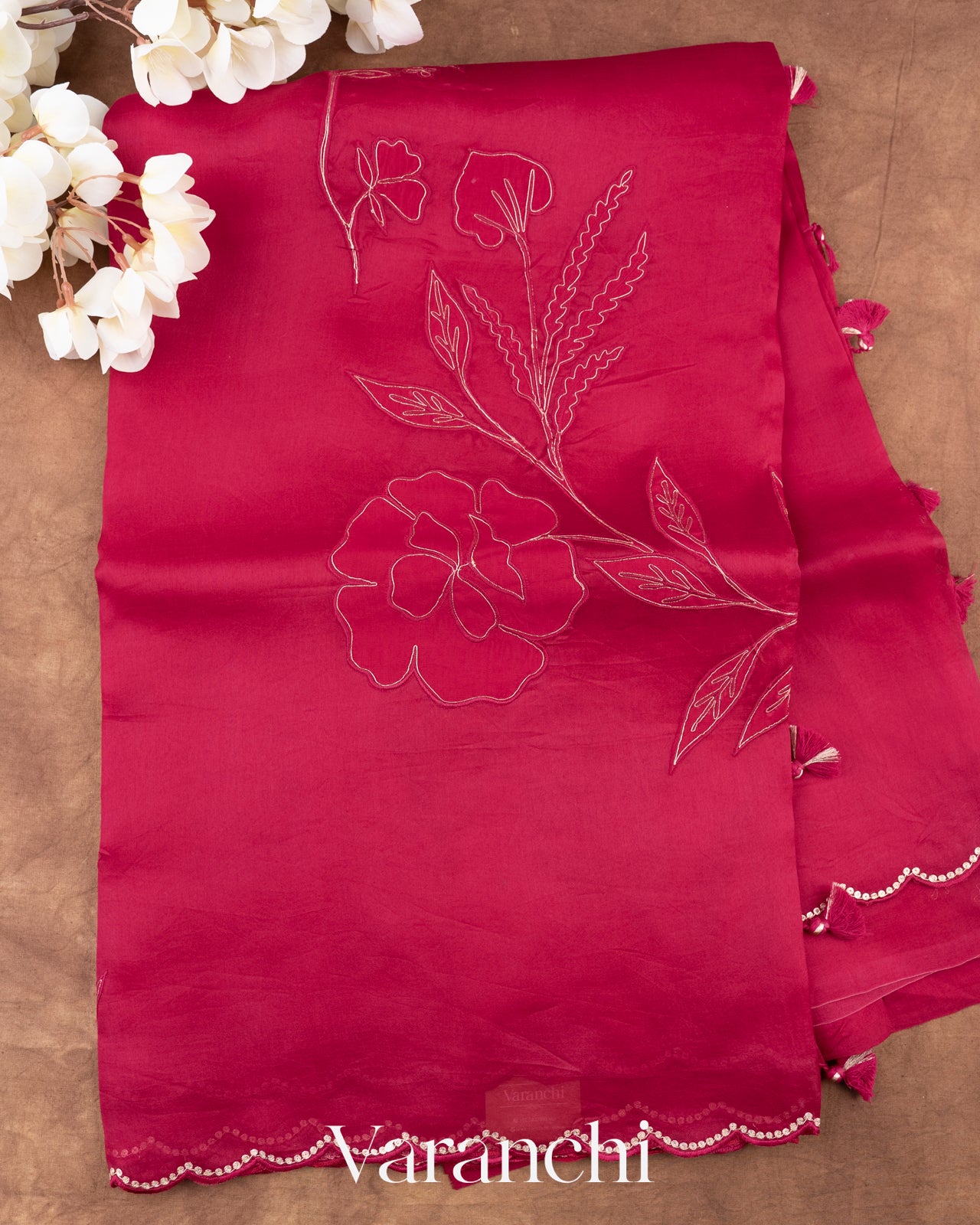 Reddish Pink Floral Applique Pure Kora Silk Saree