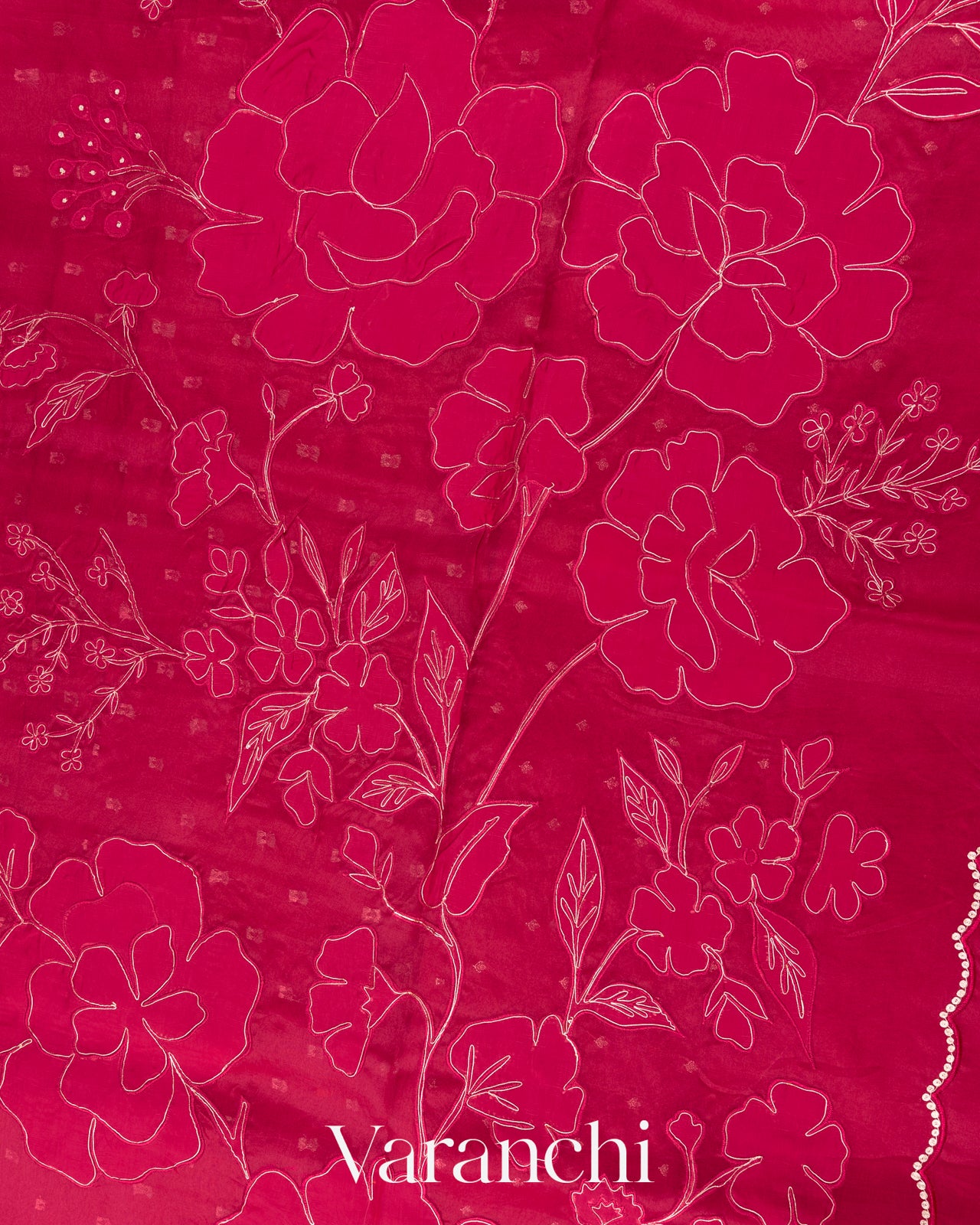 Reddish Pink Floral Applique Pure Kora Silk Saree