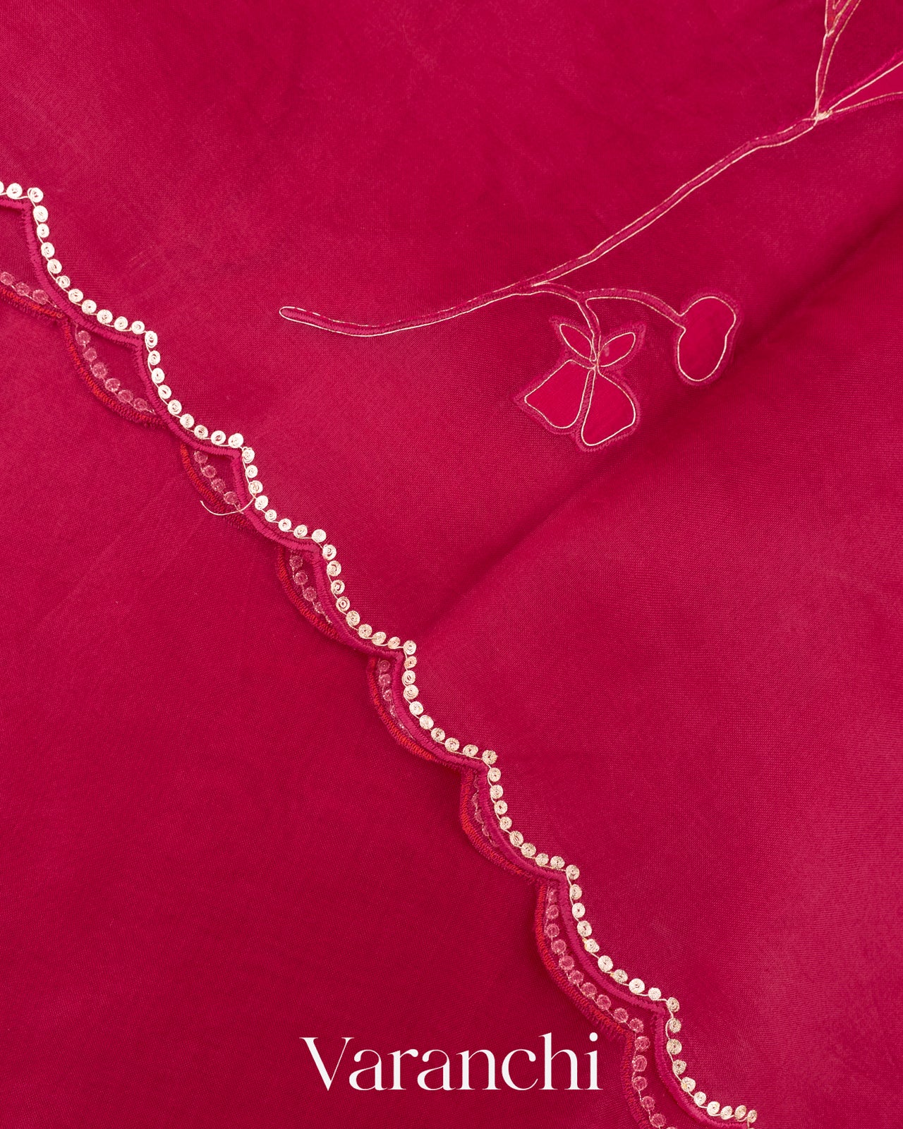 Reddish Pink Floral Applique Pure Kora Silk Saree