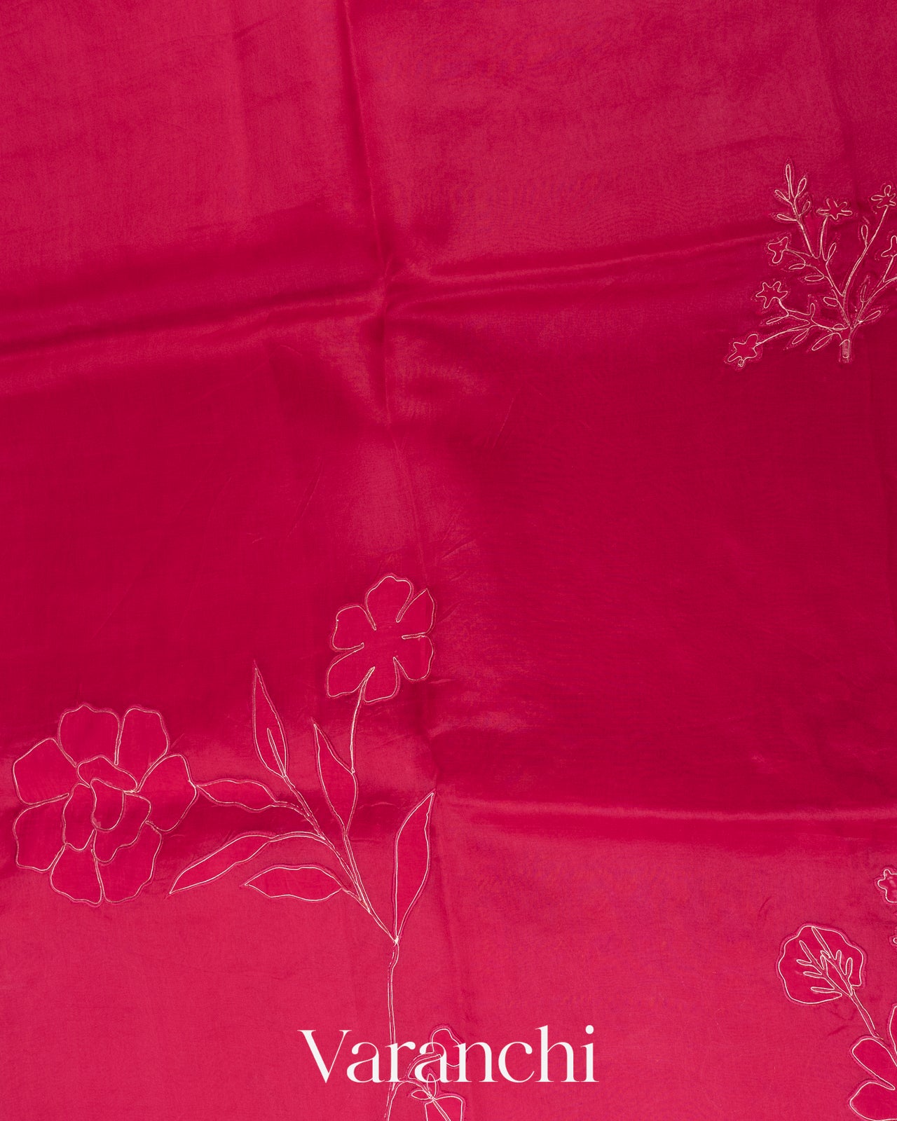 Reddish Pink Floral Applique Pure Kora Silk Saree