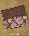 Deep Brown Digital Printed Pure Kora Silk Saree
