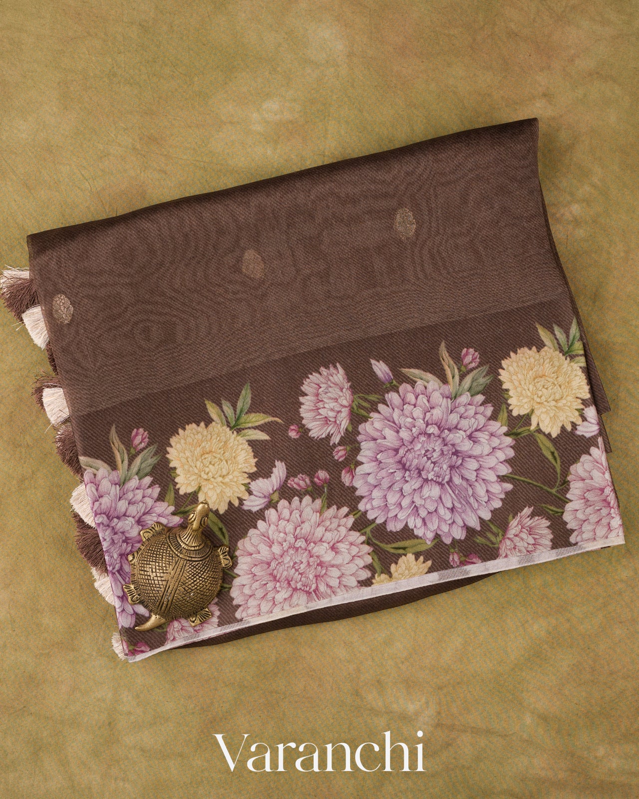 Deep Brown Digital Printed Pure Kora Silk Saree