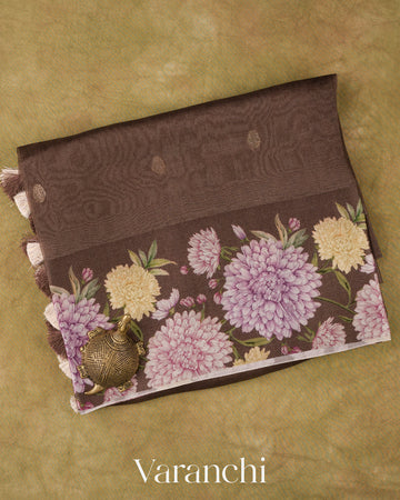 Deep Brown Digital Printed Pure Kora Silk Saree