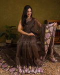 Deep Brown Digital Printed Pure Kora Silk Saree