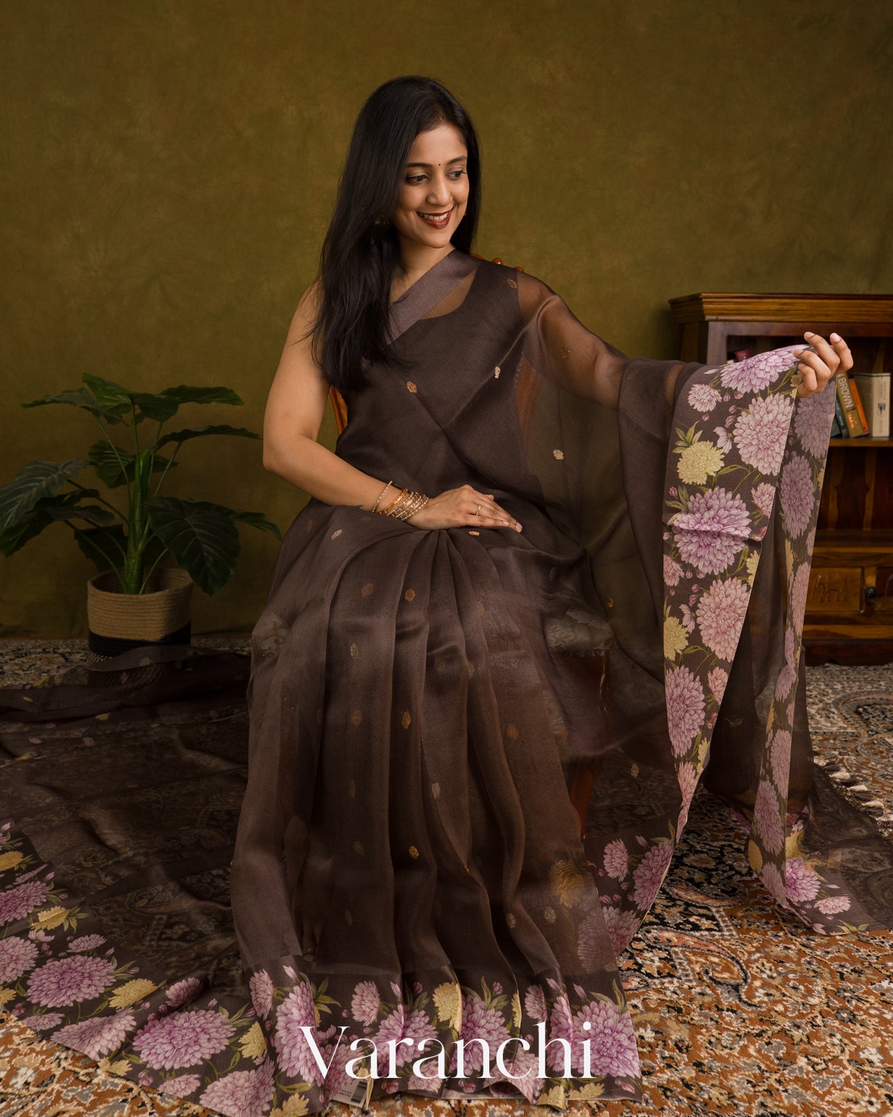 Deep Brown Digital Printed Pure Kora Silk Saree