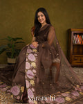 Deep Brown Digital Printed Pure Kora Silk Saree