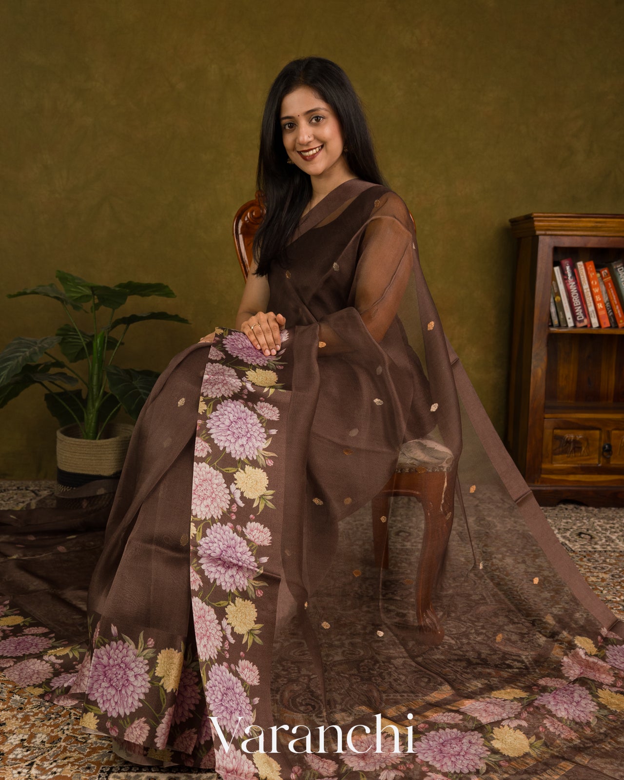 Deep Brown Digital Printed Pure Kora Silk Saree