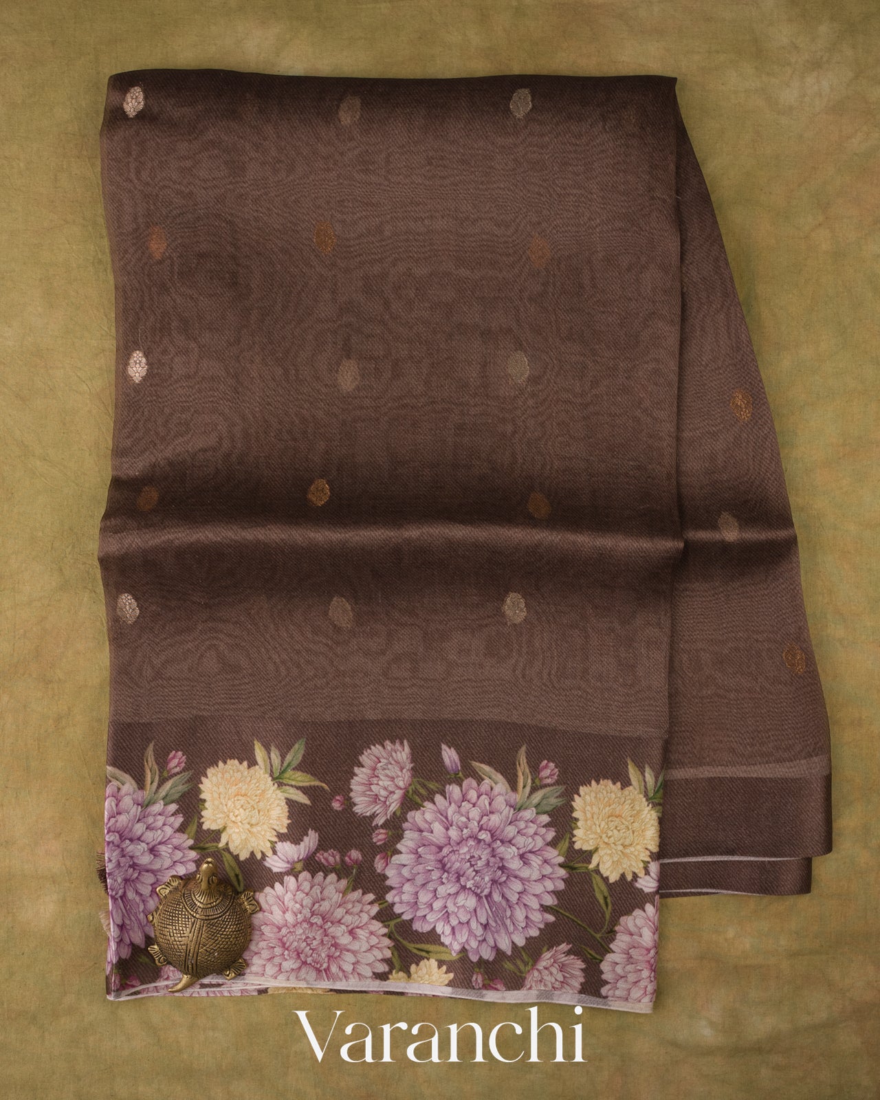 Deep Brown Digital Printed Pure Kora Silk Saree