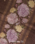 Deep Brown Digital Printed Pure Kora Silk Saree
