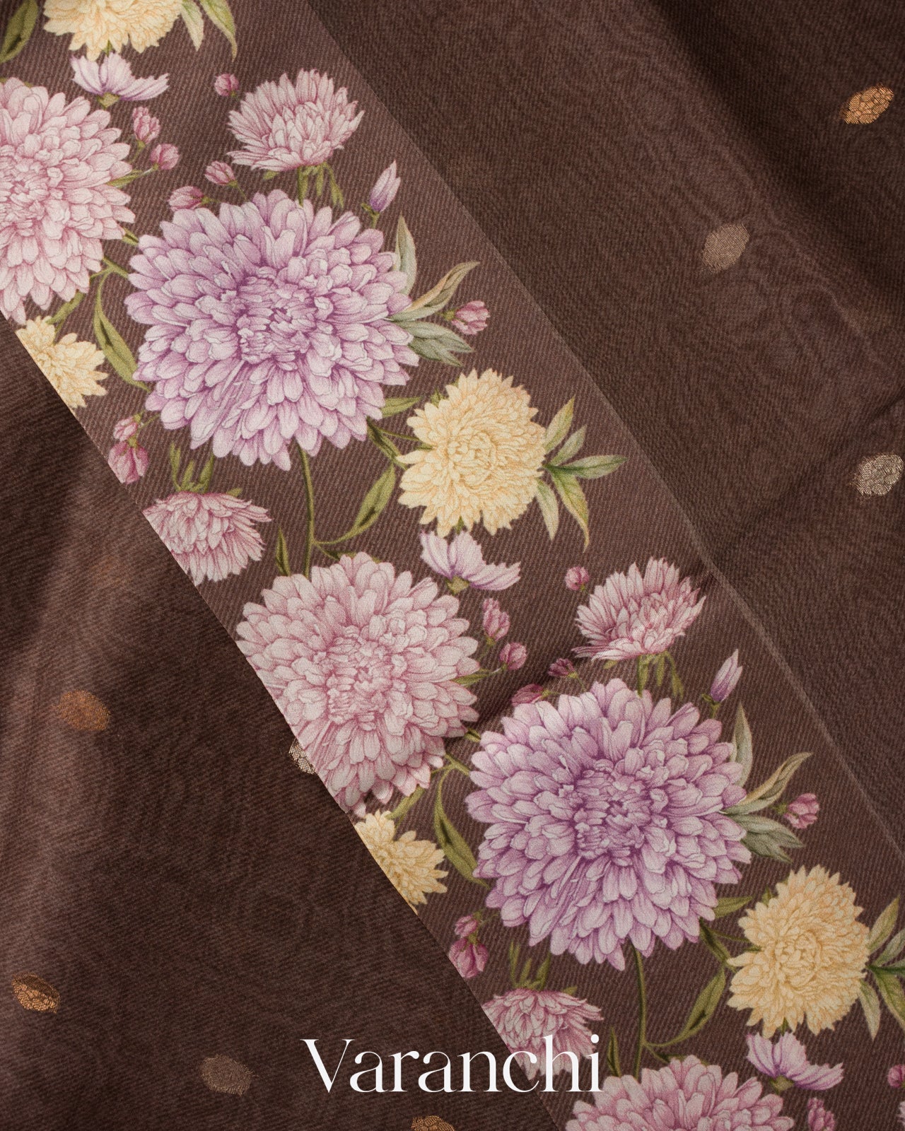 Deep Brown Digital Printed Pure Kora Silk Saree