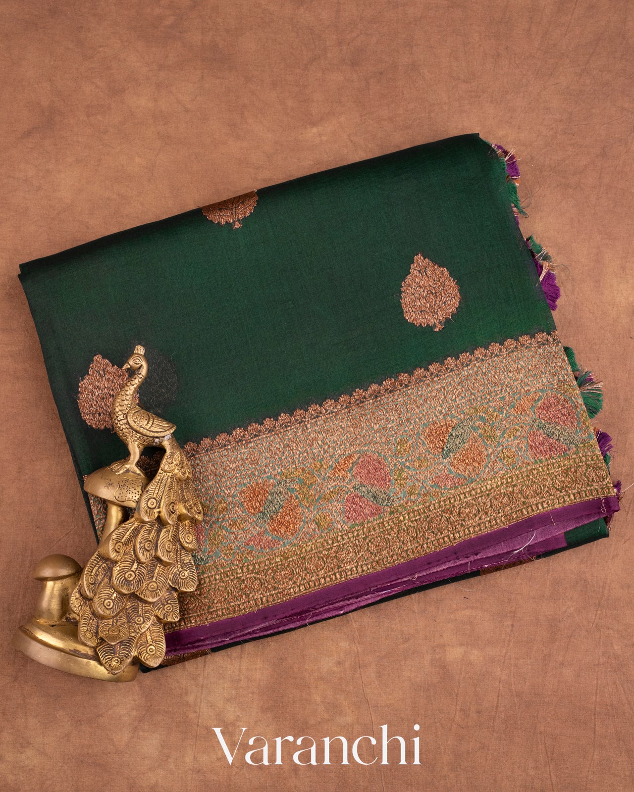 Bottle Green Pure Kora Silk Handloom Saree