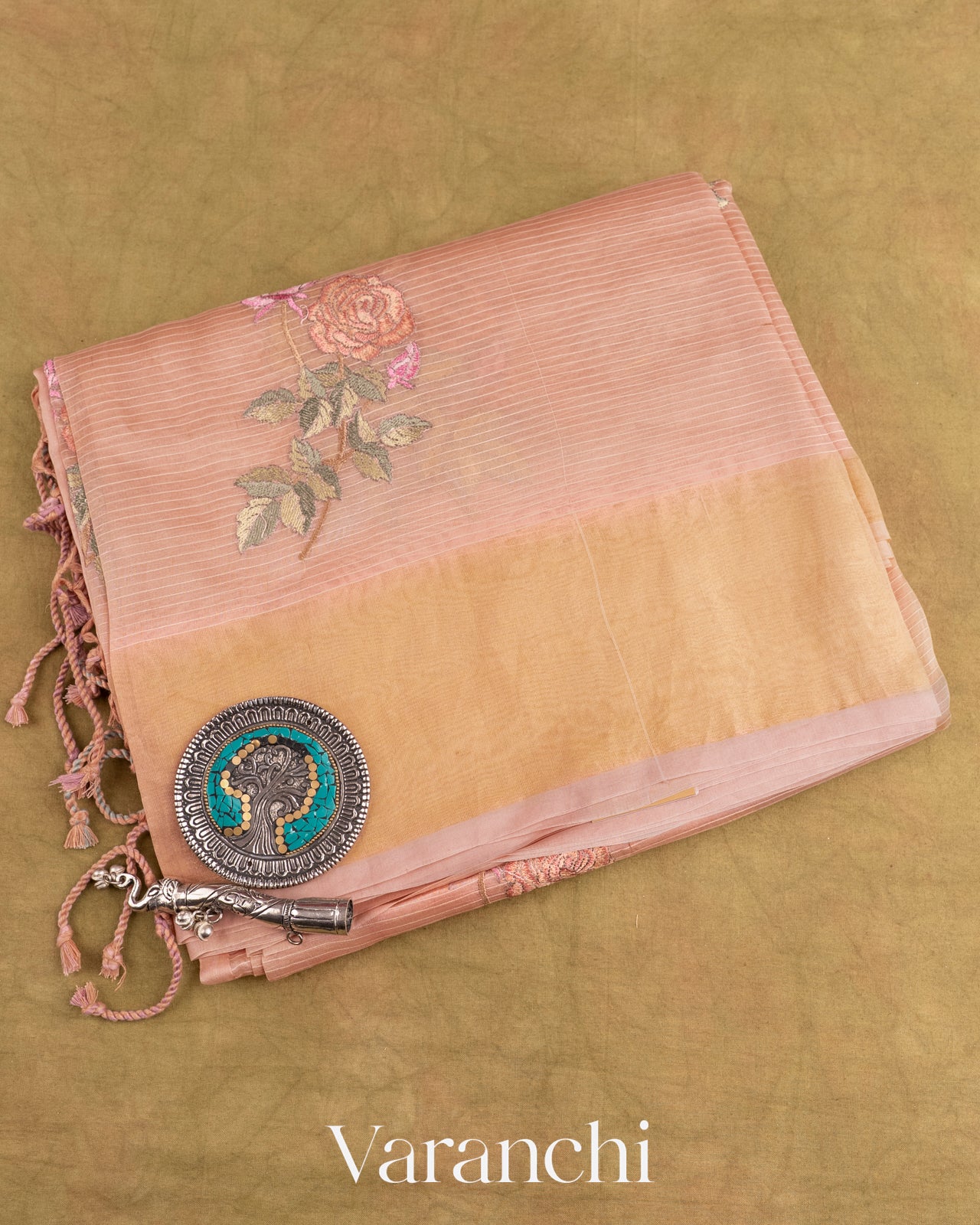 Peach Floral Applique and Embroidered Pure Kora Silk Saree