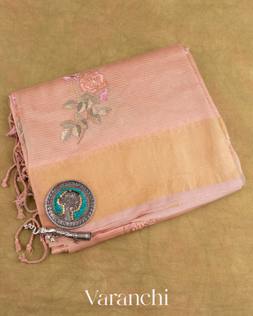 Peach Floral Applique and Embroidered Pure Kora Silk Saree