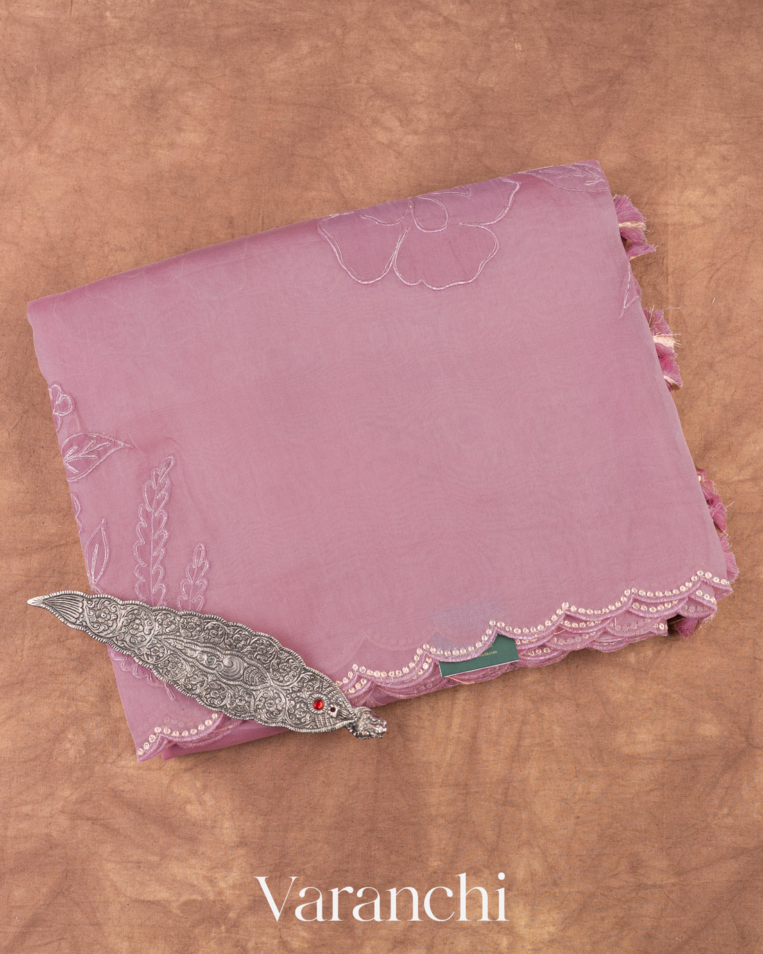 Lilac Floral Applique Pure Kora Silk Saree