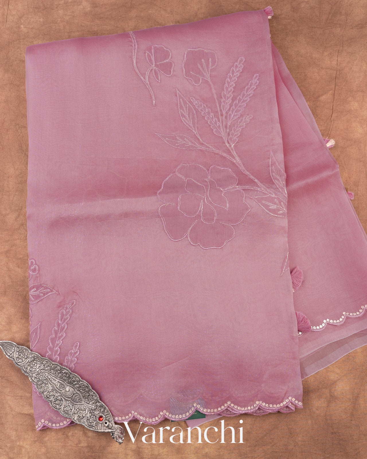 Lilac Floral Applique Pure Kora Silk Saree