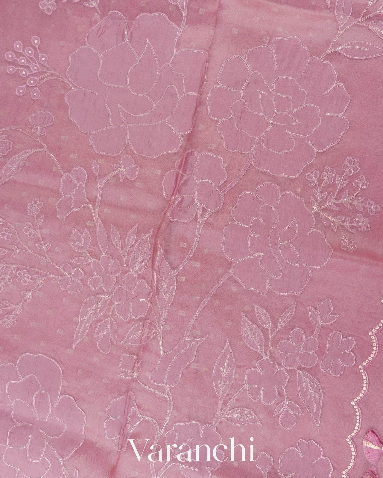 Lilac Floral Applique Pure Kora Silk Saree