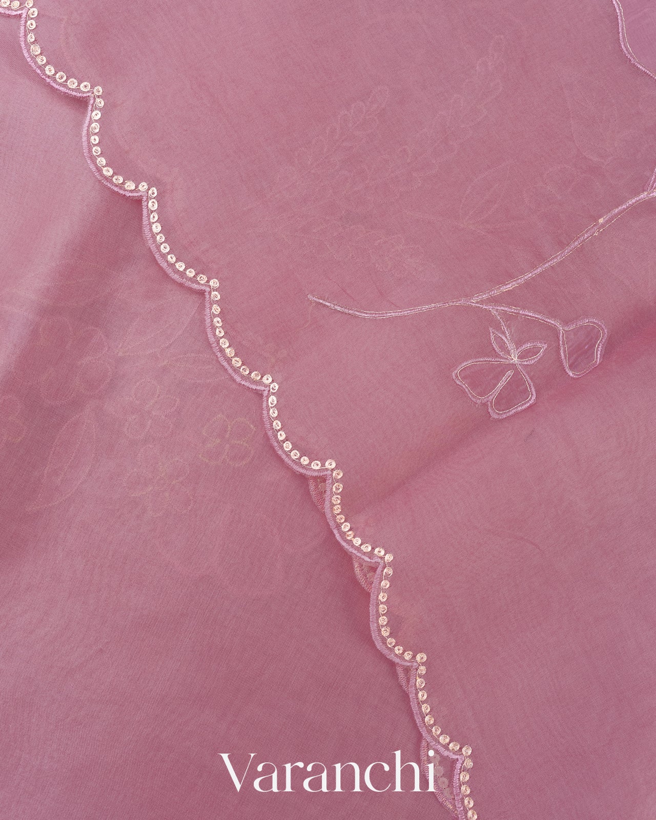 Lilac Floral Applique Pure Kora Silk Saree