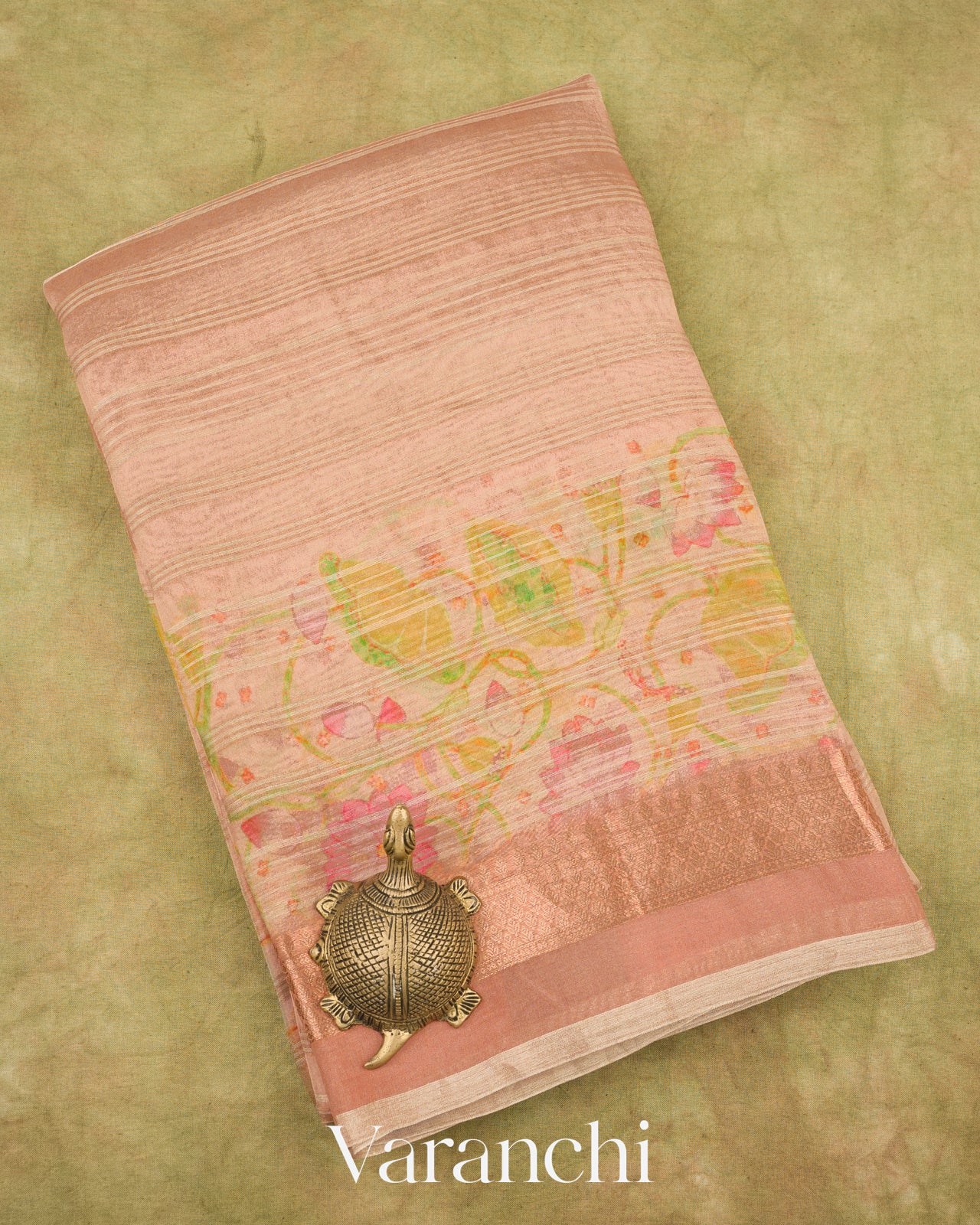 Blush Peach Floral Printed Pure Kora Silk Saree