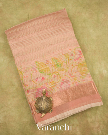 Blush Peach Floral Printed Pure Kora Silk Saree