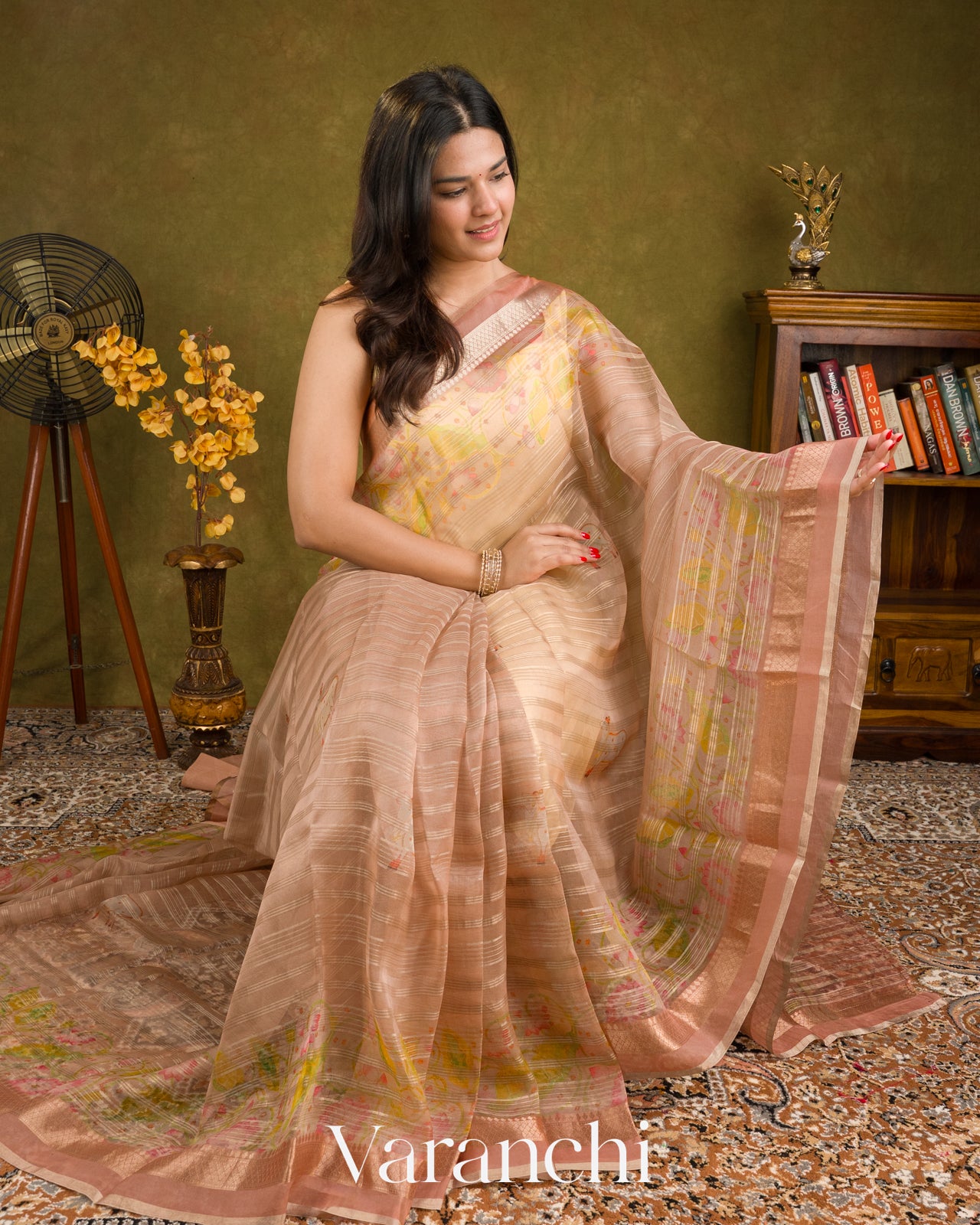 Blush Peach Floral Printed Pure Kora Silk Saree