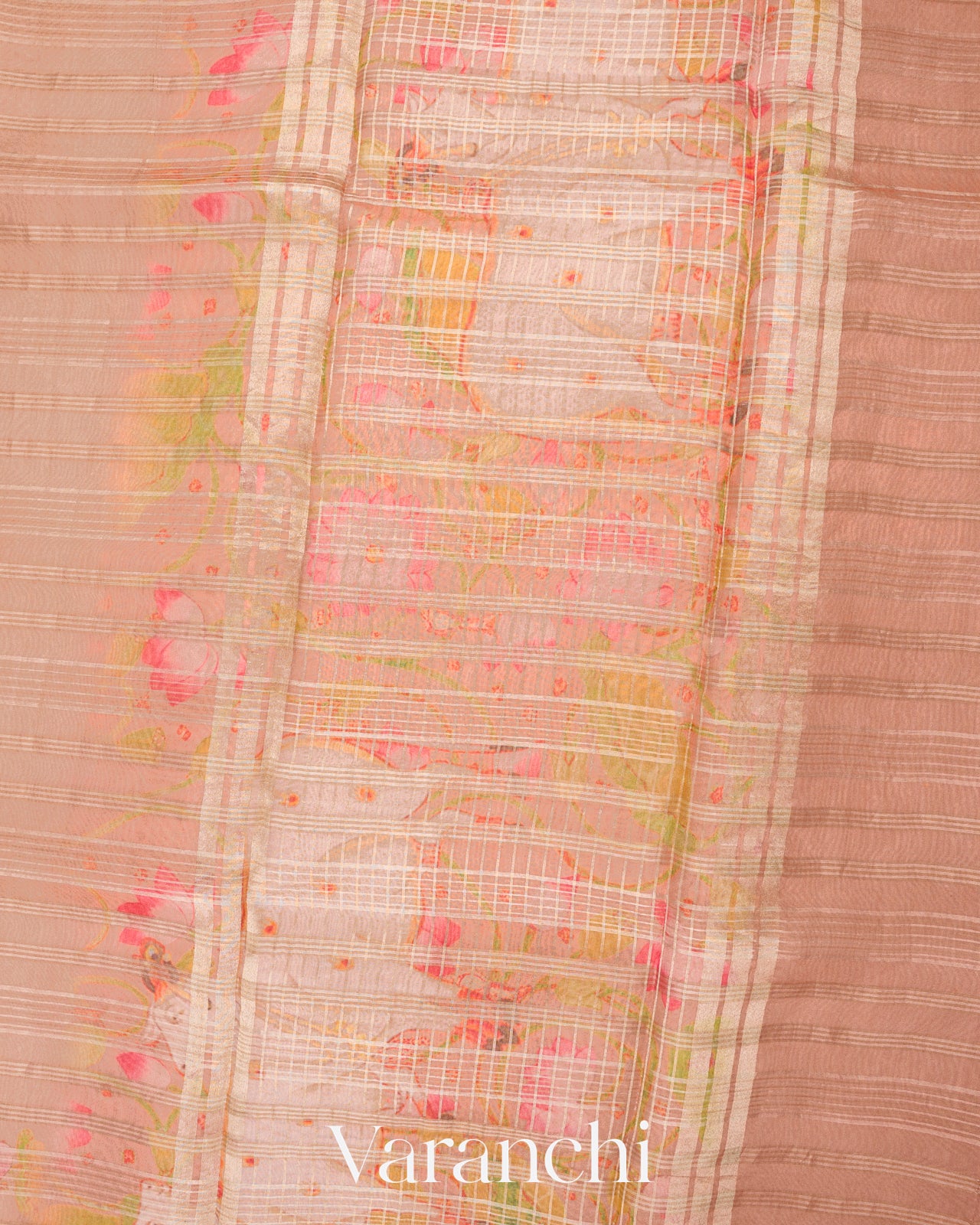 Blush Peach Floral Printed Pure Kora Silk Saree