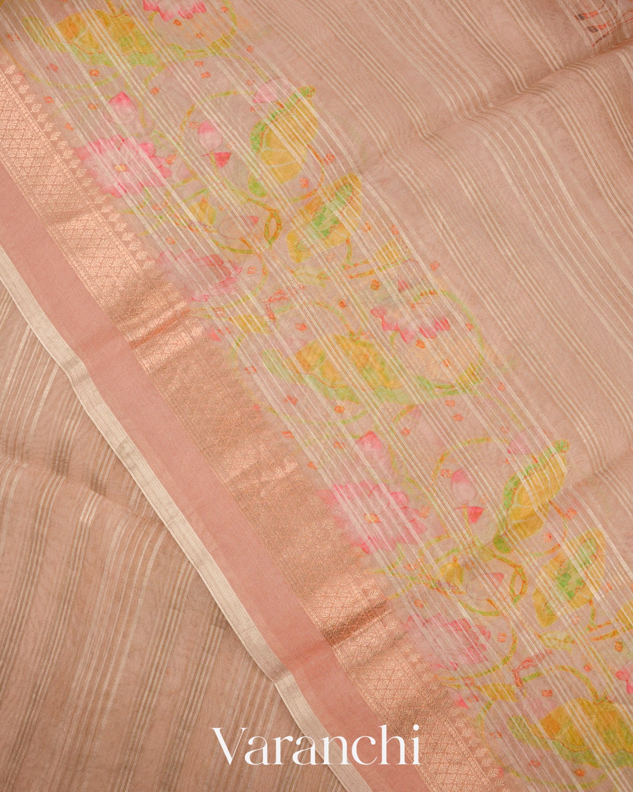 Blush Peach Floral Printed Pure Kora Silk Saree