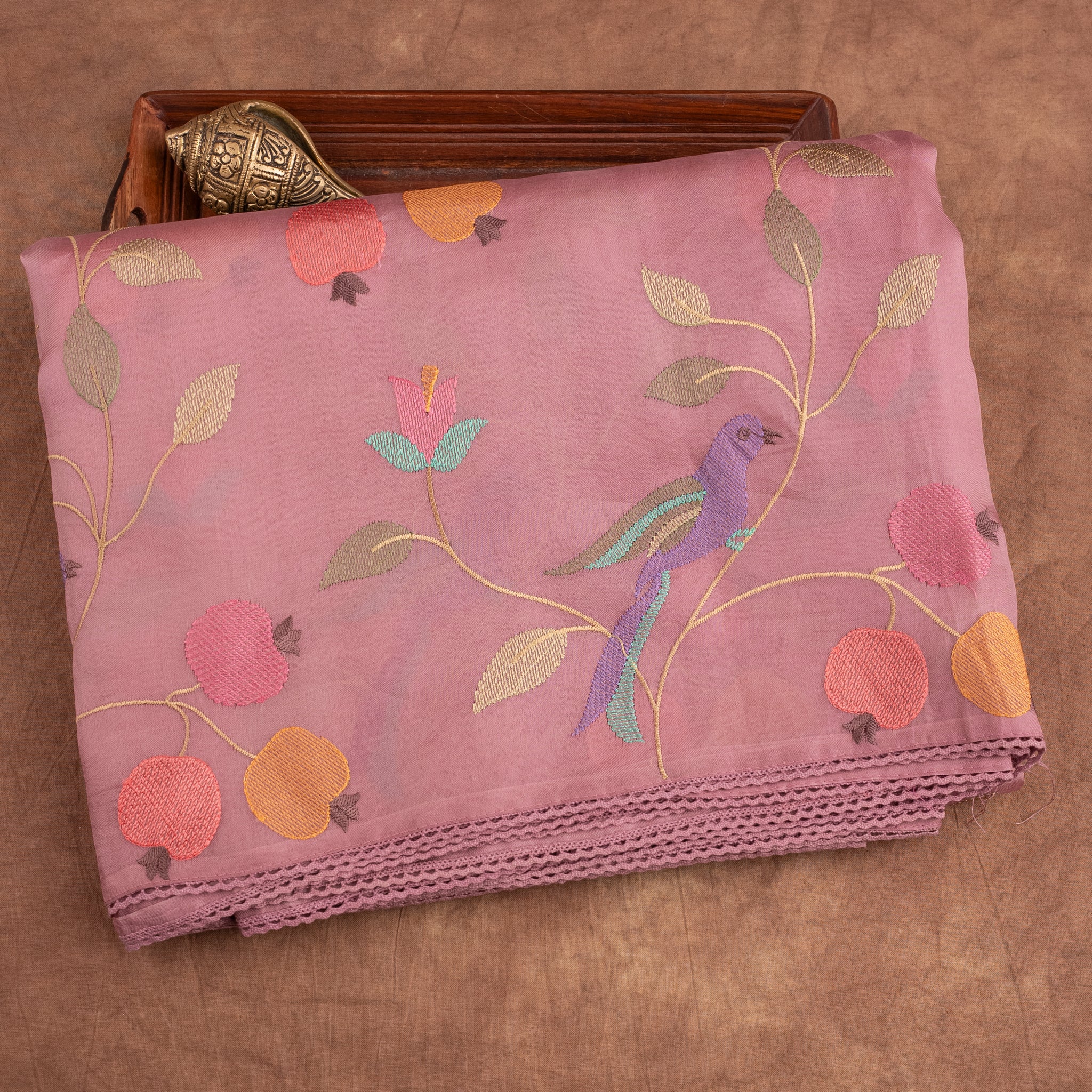 Dusty Pink Embroidered Pure Kora Silk Saree