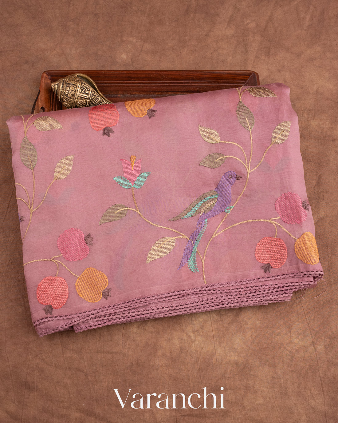Dusty Pink Embroidered Pure Kora Silk Saree