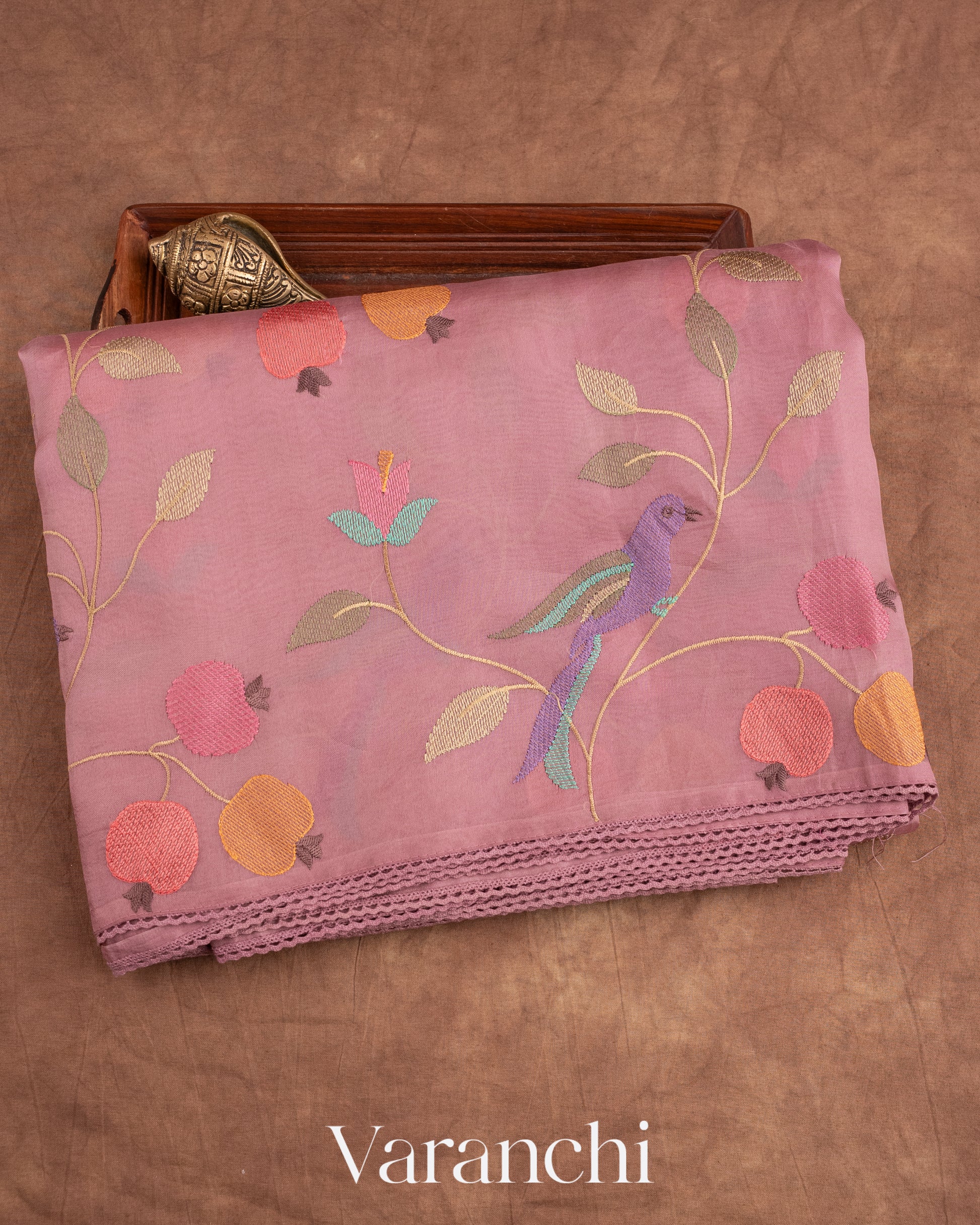 Dusty Pink Embroidered Pure Kora Silk Saree