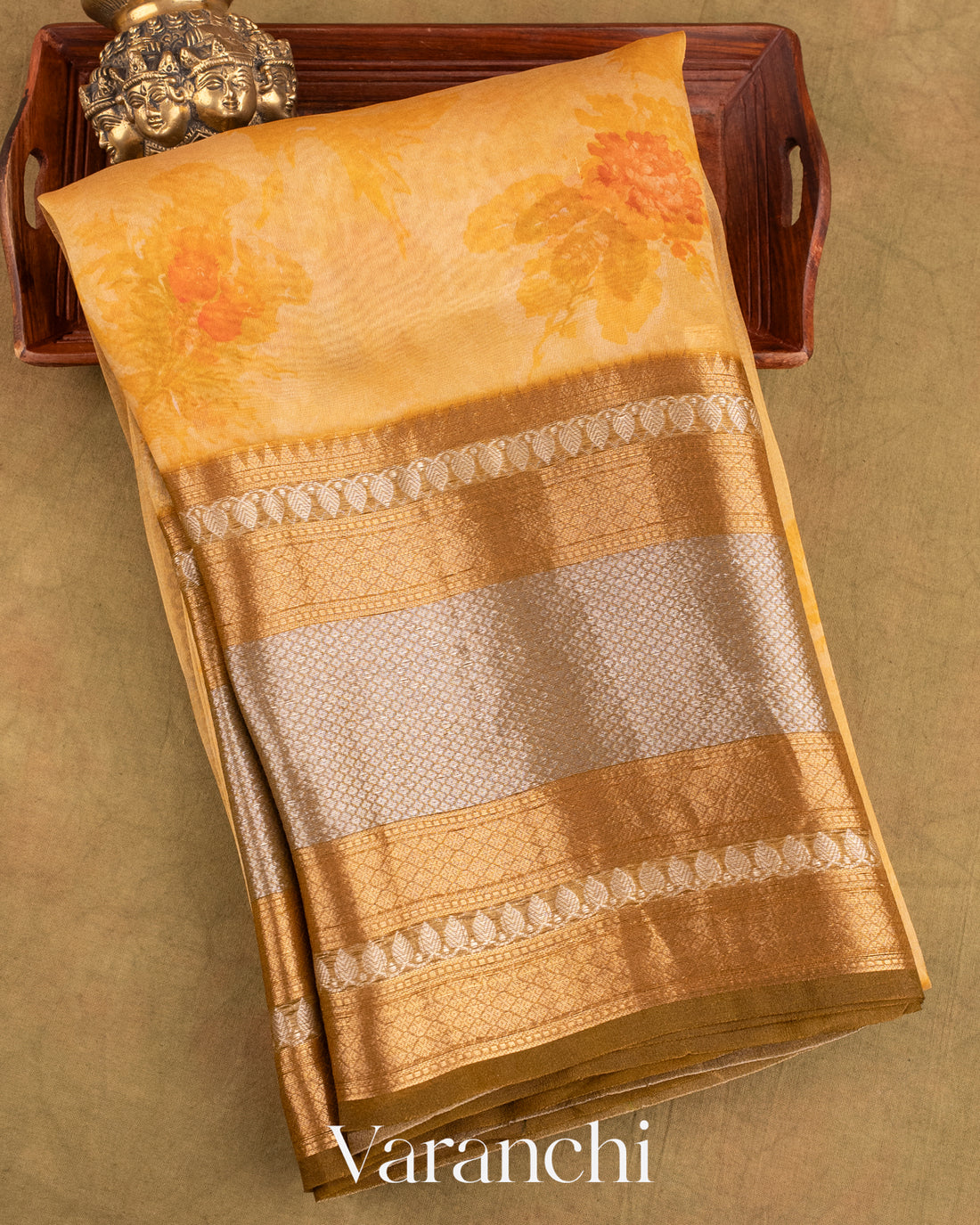 Golden Yellow Printed Pure Kora Silk Saree