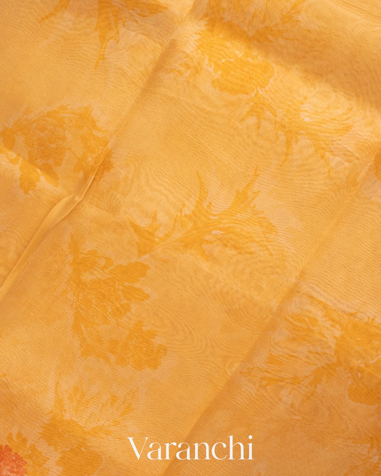 Golden Yellow Printed Pure Kora Silk Saree